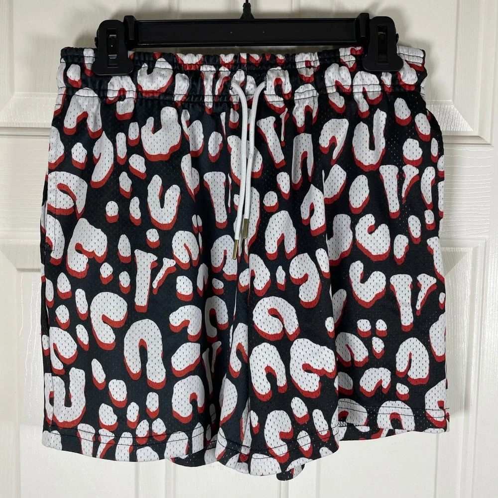 VLONE Mens Leopard Print Mesh Basketball Shorts Black Red White Size Medium